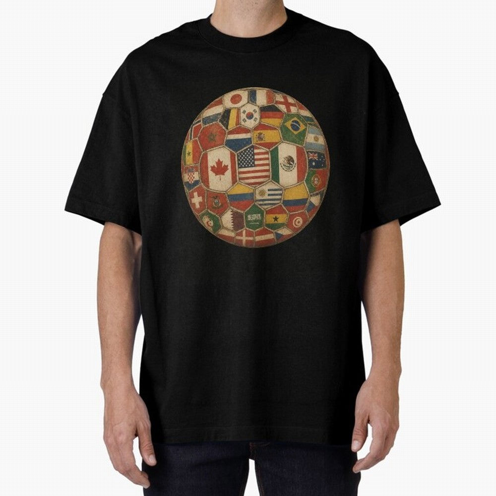 Vintage World Flags Soccer Ball,2026 International Football Graphic Gifts Tee Oversized T-Shirt Celebrate the Next Chapter of Global Football Passion for FIFA World Cup 2026 Group Stage, Driven by Messi, Neymar and Mbappe, Netherlands, Game Day