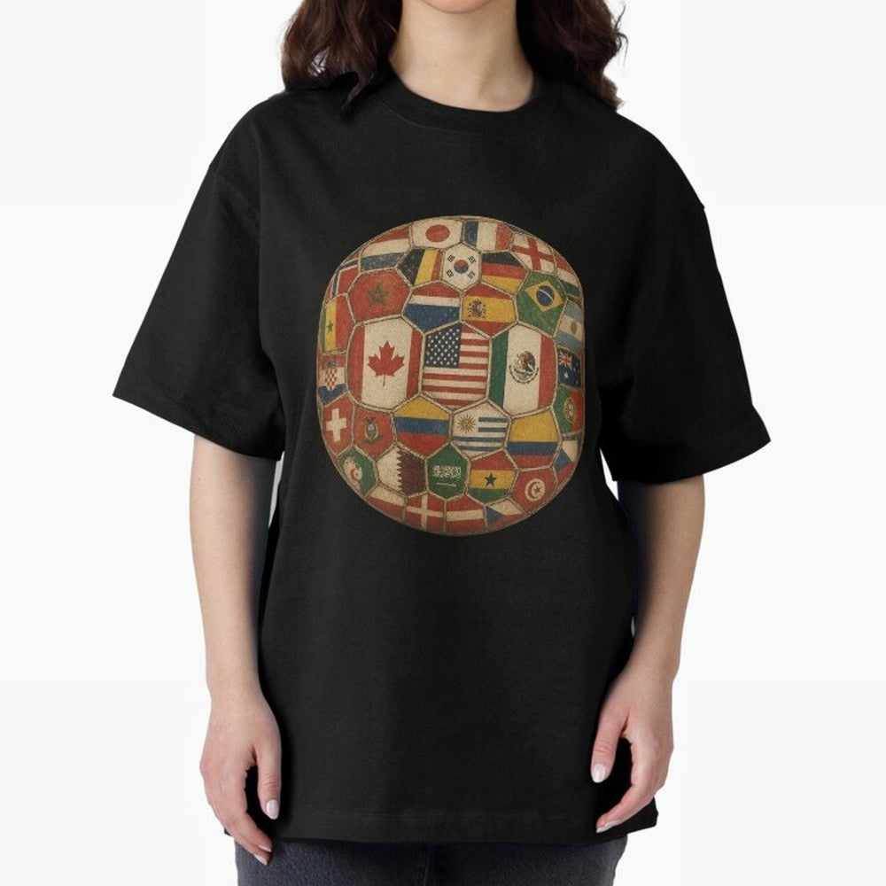 Vintage World Flags Soccer Ball,2026 International Football Graphic Gifts Tee Oversized T-Shirt Celebrate the Next Chapter of Global Football Passion for FIFA World Cup 2026 Group Stage, Driven by Messi, Neymar and Mbappe, Netherlands, Game Day