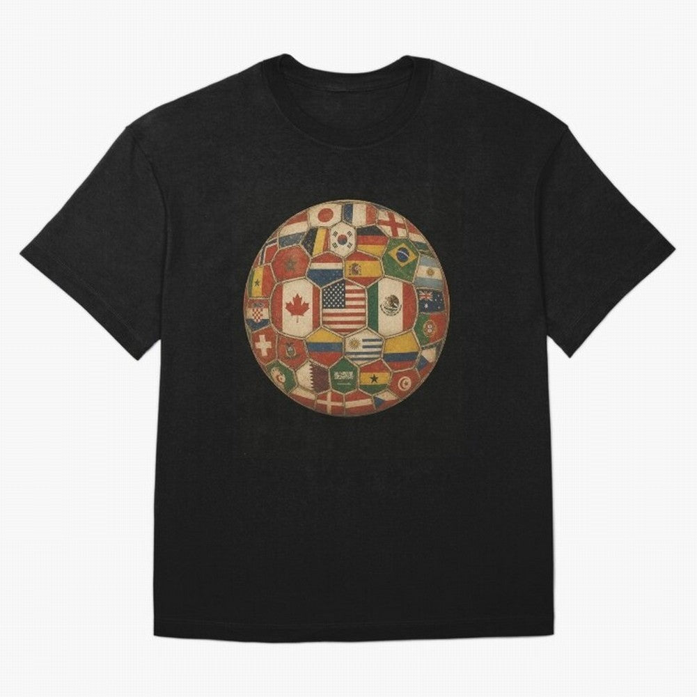 Vintage World Flags Soccer Ball,2026 International Football Graphic Gifts Tee Oversized T-Shirt Celebrate the Next Chapter of Global Football Passion for FIFA World Cup 2026 Group Stage, Driven by Messi, Neymar and Mbappe, Netherlands, Game Day