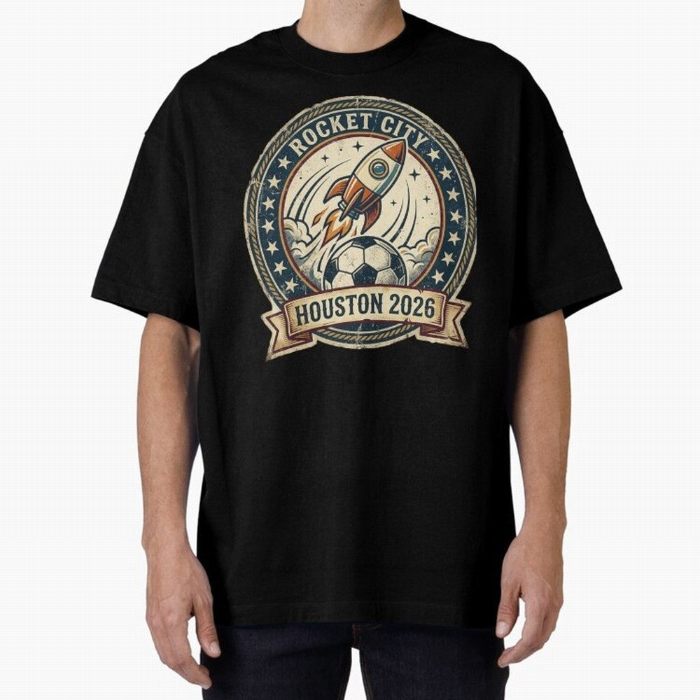Houston 2026 World Cup Host City Vintage Football Badge ¡ª Rocket City Space Soccer Crest Design Oversized T-Shirt Bring Bold Fan Energy to Global Football Passion for FIFA World Cup 2026 Group Stage, Inspired by Neymar, Haaland and Cristiano
