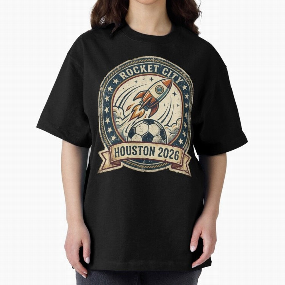 Houston 2026 World Cup Host City Vintage Football Badge ¡ª Rocket City Space Soccer Crest Design Oversized T-Shirt Bring Bold Fan Energy to Global Football Passion for FIFA World Cup 2026 Group Stage, Inspired by Neymar, Haaland and Cristiano