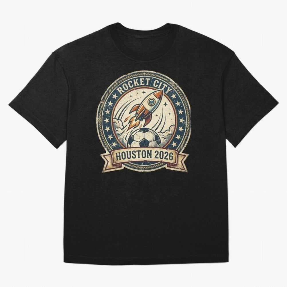 Houston 2026 World Cup Host City Vintage Football Badge ¡ª Rocket City Space Soccer Crest Design Oversized T-Shirt Bring Bold Fan Energy to Global Football Passion for FIFA World Cup 2026 Group Stage, Inspired by Neymar, Haaland and Cristiano