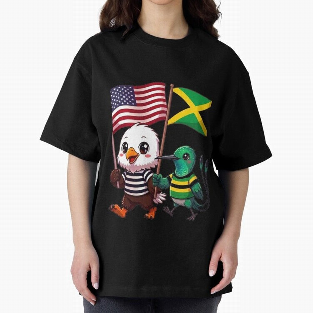 The American eagle and its friend, the Jamaican hummingbird Oversized T-Shirt Show Your Stadium Side during Global Football Passion for FIFA World Cup 2026 Group Stage, Centered on Haaland and Mbappe, Portugal, Champion Mindset, Group Stage Buzz,