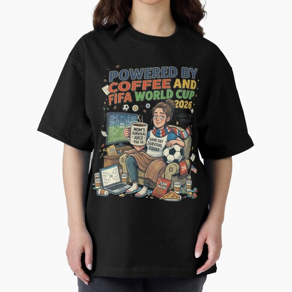 Soccer Mom Powered By Coffee And FIFA World Cup 2026 Funny USA Football Design Oversized T-Shirt Honor the Beautiful Game during Match Day Hype around FIFA World Cup 2026 USA Canada Mexico, CR7, England and Germany, Soccer Culture, Superstar