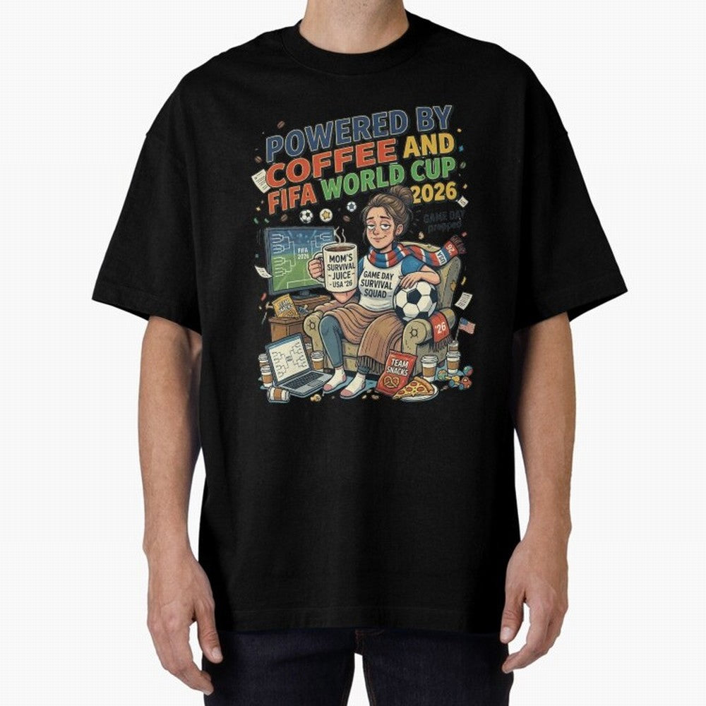 Soccer Mom Powered By Coffee And FIFA World Cup 2026 Funny USA Football Design Oversized T-Shirt Honor the Beautiful Game during Match Day Hype around FIFA World Cup 2026 USA Canada Mexico, CR7, England and Germany, Soccer Culture, Superstar