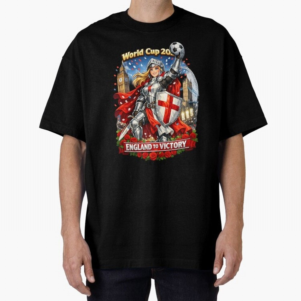 England To Victory Knight World Cup 2026 Oversized T-Shirt Celebrate Unforgettable Nights in FIFA World Cup 2026 Group Stage Driven by Mbappe and Neymar, England and Germany Energy, Championship Spirit, Famous Goals, Roaring Crowds and