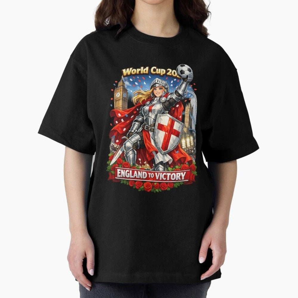 England To Victory Knight World Cup 2026 Oversized T-Shirt Celebrate Unforgettable Nights in FIFA World Cup 2026 Group Stage Driven by Mbappe and Neymar, England and Germany Energy, Championship Spirit, Famous Goals, Roaring Crowds and