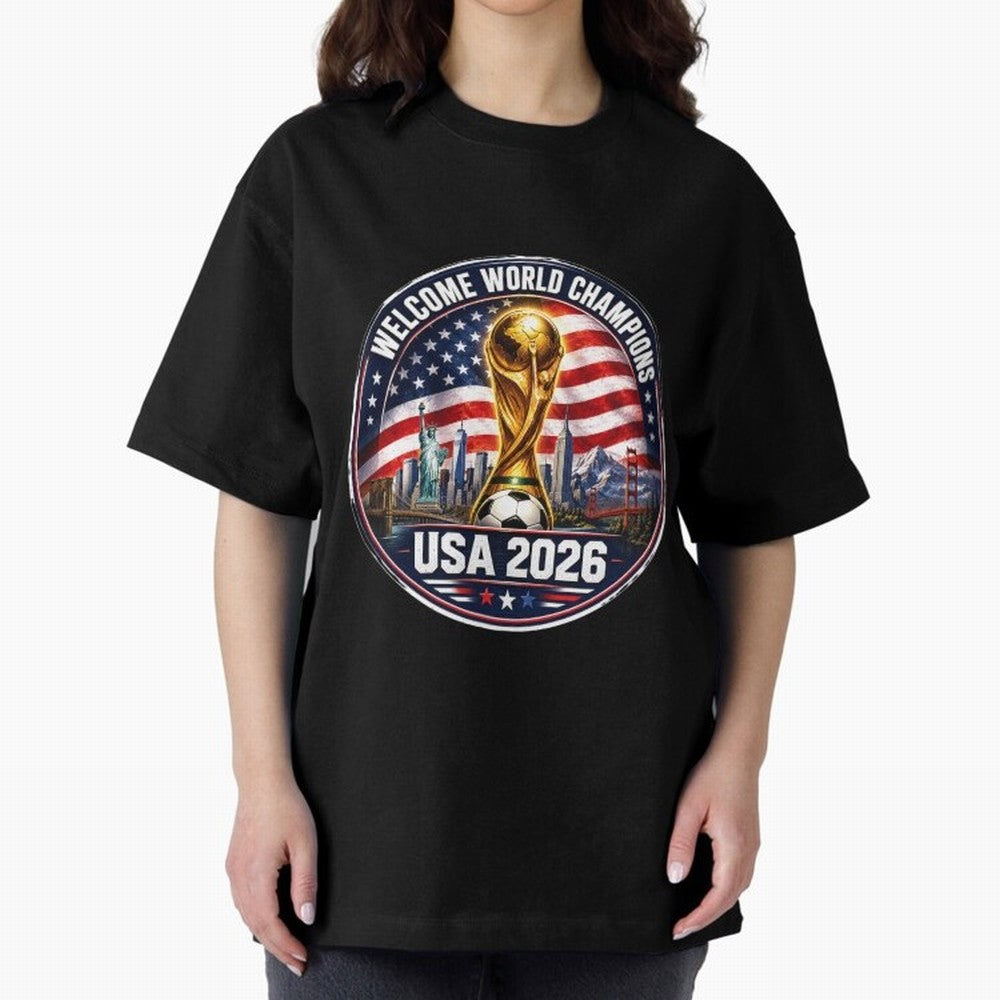 World Cup 2026 Celebration T-Shirt | USA Canada Mexico Soccer Fan Tee Oversized T-Shirt Represent the Passion of Match Day Hype around FIFA World Cup 2026 Group Stage, Messi and Cristiano Ronaldo, France and Portugal, Vintage Soccer Flavor, Modern