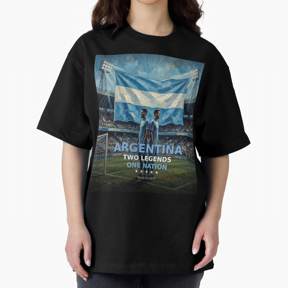 Argentina Two Legends One Nation - World Cup 2026 Soccer Fan Tee Oversized T-Shirt Join the Global Buzz around FIFA World Cup 2026 USA Canada Mexico Celebrating Messi, CR7 and Mbappe, England and Germany Energy, Vintage Soccer Flavor, Modern