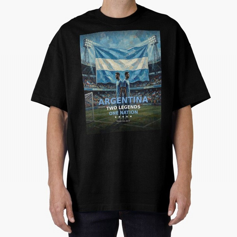 Argentina Two Legends One Nation - World Cup 2026 Soccer Fan Tee Oversized T-Shirt Join the Global Buzz around FIFA World Cup 2026 USA Canada Mexico Celebrating Messi, CR7 and Mbappe, England and Germany Energy, Vintage Soccer Flavor, Modern