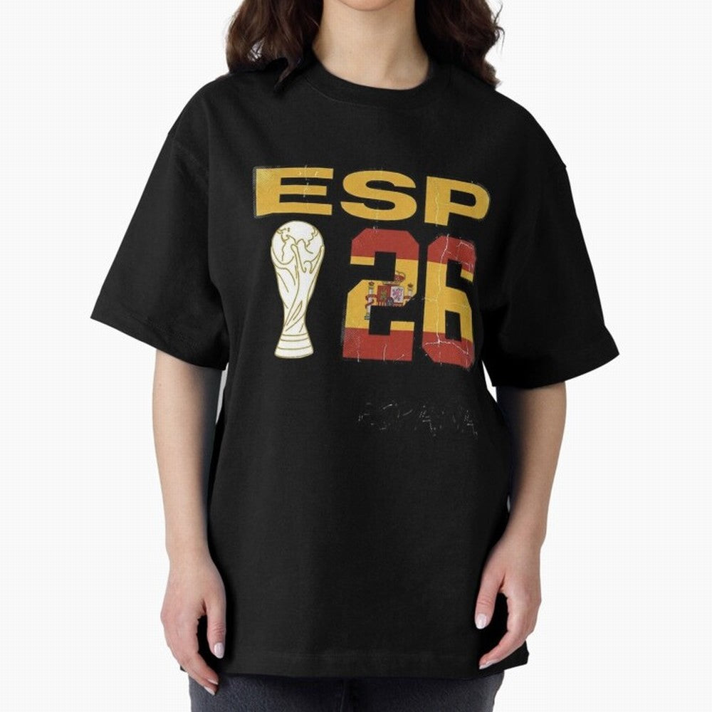 Spain Football World Cup 2026 - Vintage ESP 26 Flag Design Oversized T-Shirt Celebrate Rivalries and Pride in Global Football Passion for FIFA World Cup 2026 USA Canada Mexico, Celebrating Messi, CR7 and Mbappe, England, France and Netherlands,