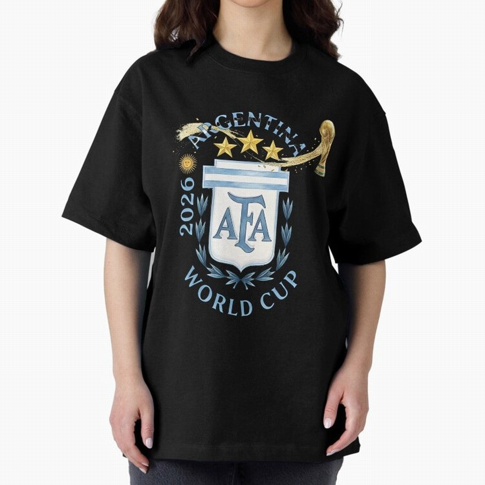 Argentina Football Champion World Cup 2026 - Gold Stars Watercolor Oversized T-Shirt Celebrate the Next Chapter of FIFA World Cup 2026 Group Stage for Fans of Messi, CR7 and Mbappe and England, France and Netherlands, Bringing Vintage Soccer