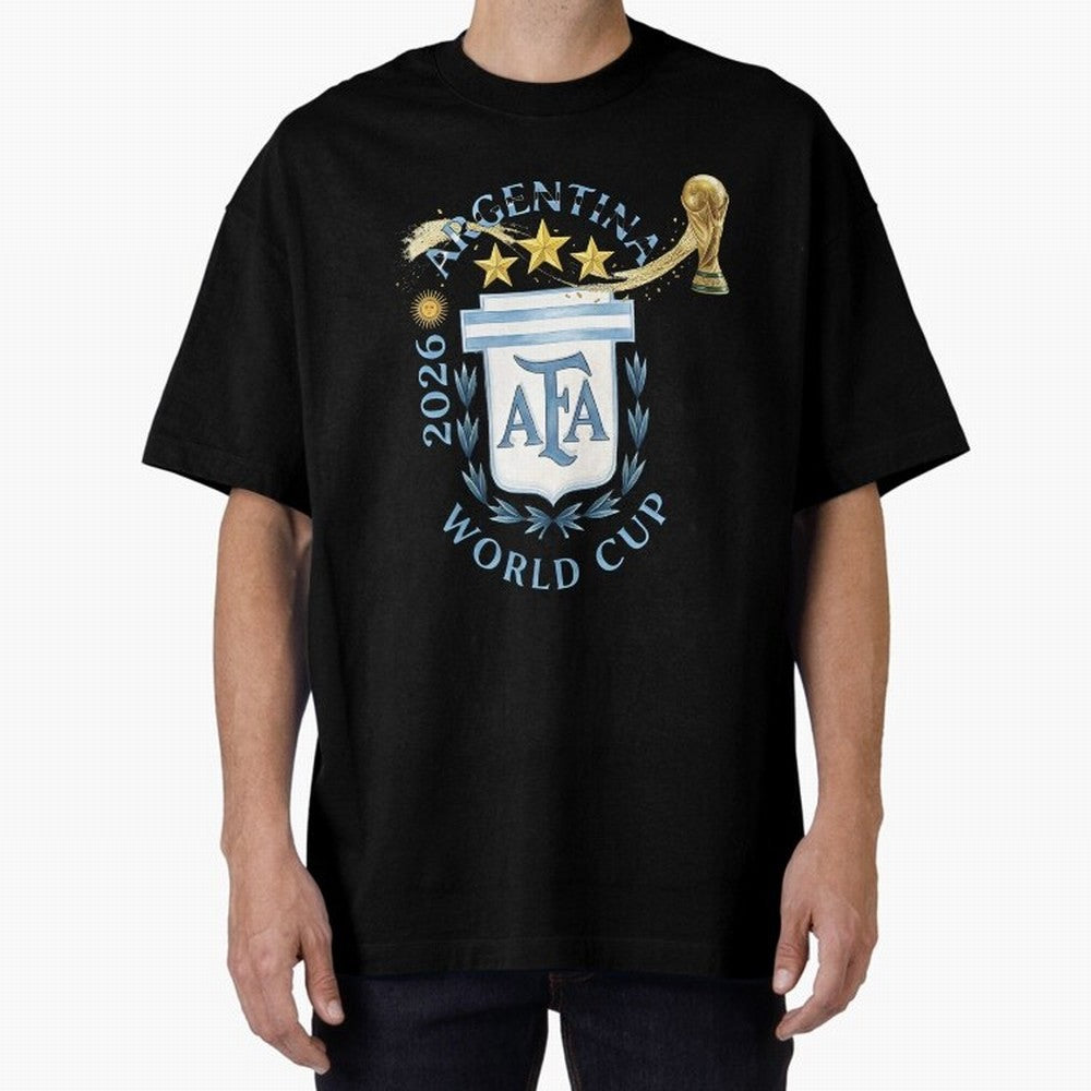 Argentina Football Champion World Cup 2026 - Gold Stars Watercolor Oversized T-Shirt Celebrate the Next Chapter of FIFA World Cup 2026 Group Stage for Fans of Messi, CR7 and Mbappe and England, France and Netherlands, Bringing Vintage Soccer