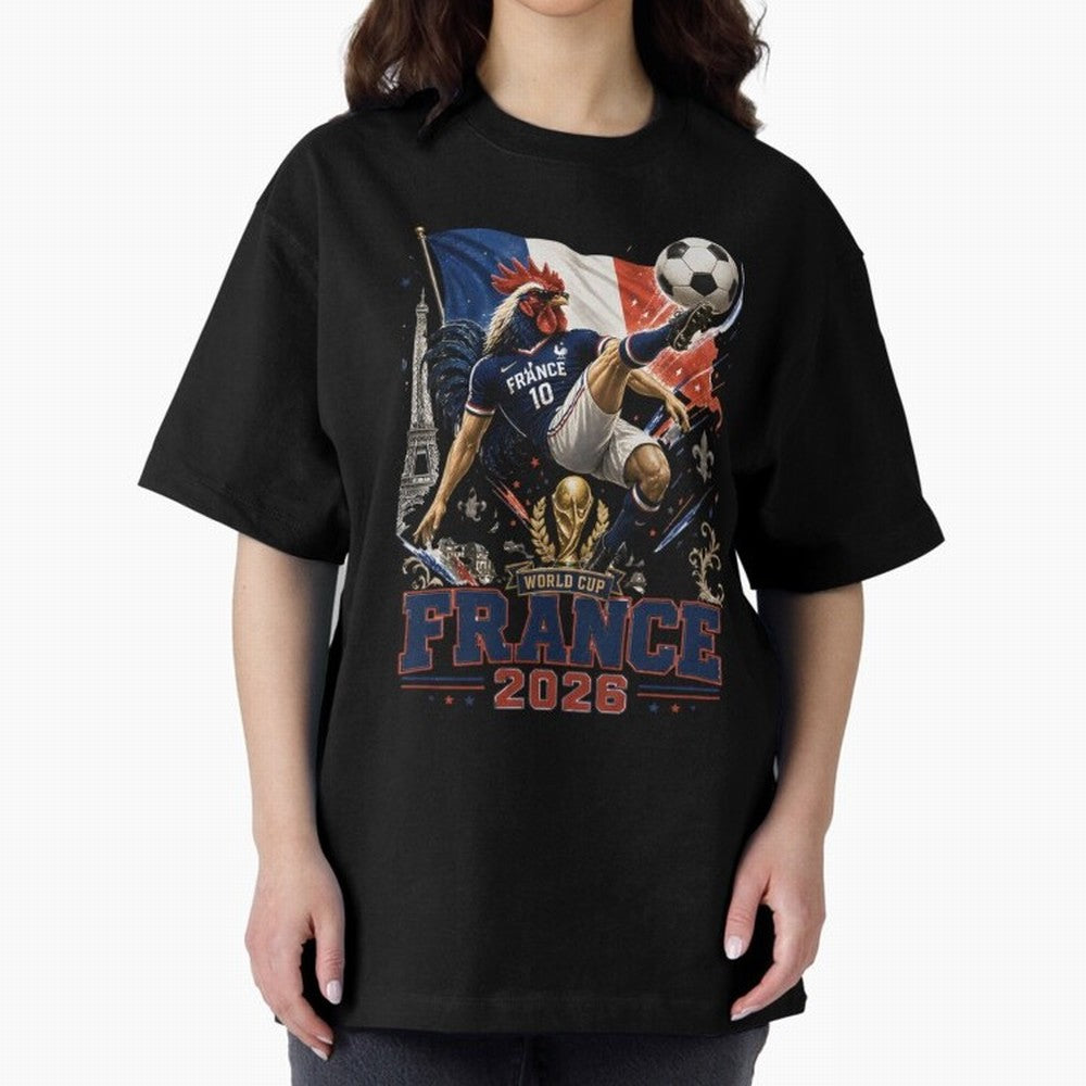 France Football World Cup 2026 Retro Rooster Kick - Les Bleus Oversized T-Shirt Make Game Day About FIFA World Cup 2026 USA Canada Mexico Driven by Messi, Neymar and Mbappe, England, France and Netherlands Energy, Supporter Pride, Iconic