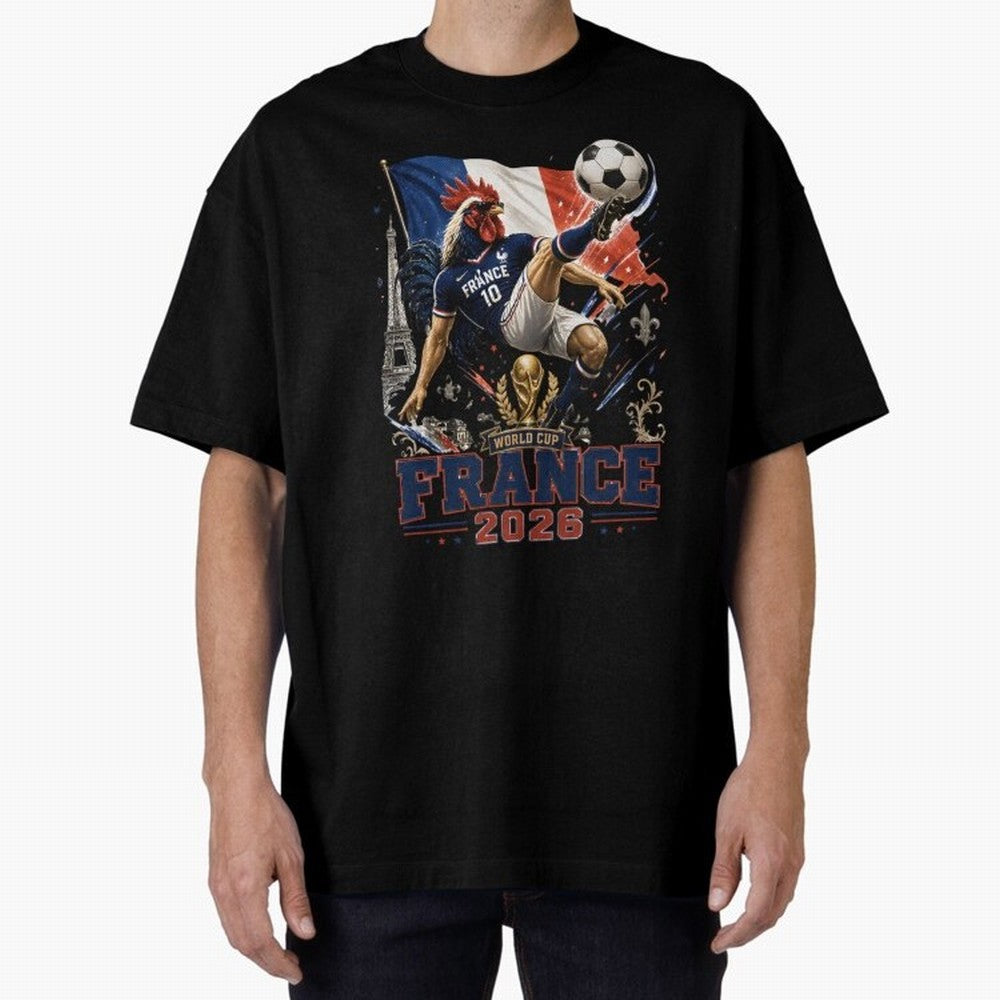France Football World Cup 2026 Retro Rooster Kick - Les Bleus Oversized T-Shirt Make Game Day About FIFA World Cup 2026 USA Canada Mexico Driven by Messi, Neymar and Mbappe, England, France and Netherlands Energy, Supporter Pride, Iconic