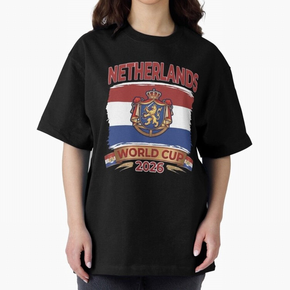 Netherlands World Cup 2026 Coat of Arms Football Design Oversized T-Shirt Cheer through Every Moment of FIFA World Cup 2026 USA Canada Mexico Spirit, Inspired by France, Neymar, Haaland and Cristiano Ronaldo, Worldwide Fan Energy, Dramatic Goals,