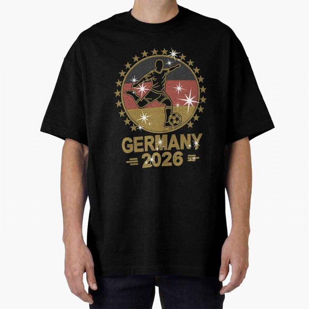 Germany Soccer World Cup 2026 Glitter Style Fan Art Oversized T-Shirt Mark FIFA World Cup 2026 Group Stage Spirit, Connected to Brazil, Portugal and Argentina, Mbappe and Neymar, Classic Soccer Heritage, Championship Pressure, Fan Loyalty and