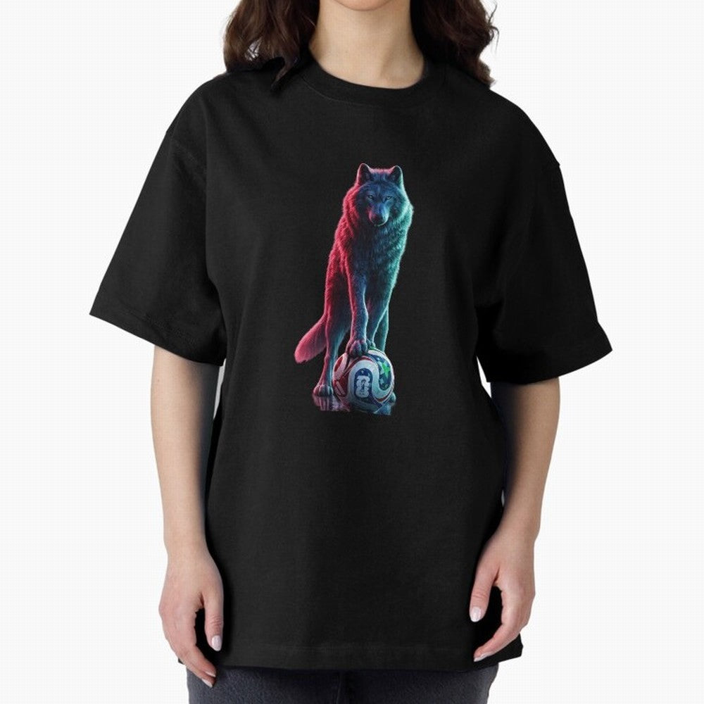 Neon Alpha Wolf with Soccer Ball | Futuristic Sports Fantasy Art Oversized T-Shirt Show Love for Legendary Goals in FIFA World Cup 2026 for Fans of Mbappe and Portugal, Spain and Germany, Bringing Football History, Final Match Energy, Crowd Noise