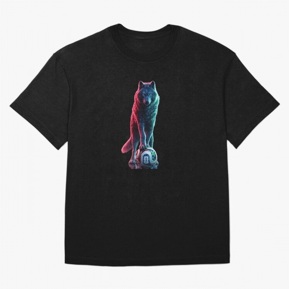Neon Alpha Wolf with Soccer Ball | Futuristic Sports Fantasy Art Oversized T-Shirt Show Love for Legendary Goals in FIFA World Cup 2026 for Fans of Mbappe and Portugal, Spain and Germany, Bringing Football History, Final Match Energy, Crowd Noise