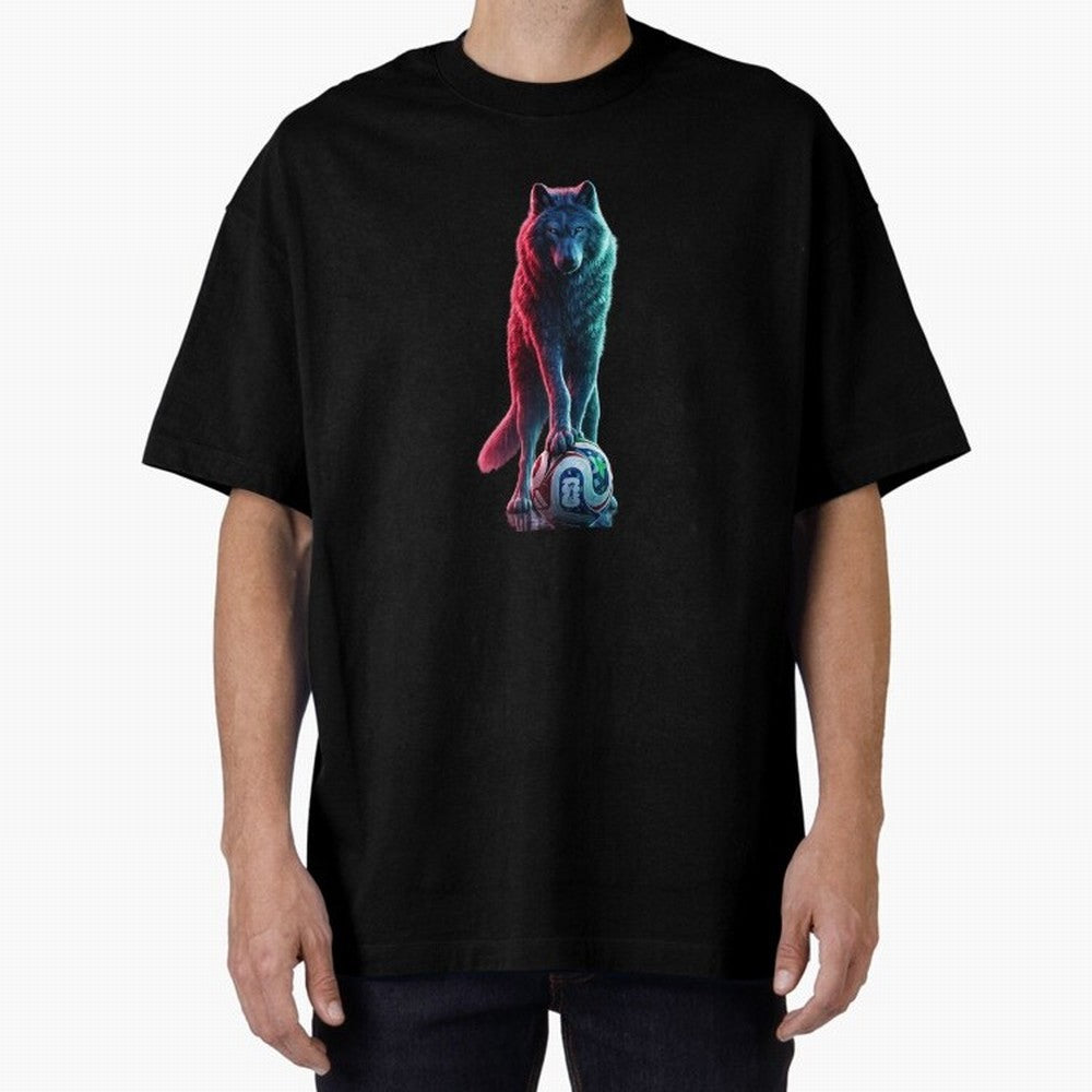Neon Alpha Wolf with Soccer Ball | Futuristic Sports Fantasy Art Oversized T-Shirt Show Love for Legendary Goals in FIFA World Cup 2026 for Fans of Mbappe and Portugal, Spain and Germany, Bringing Football History, Final Match Energy, Crowd Noise