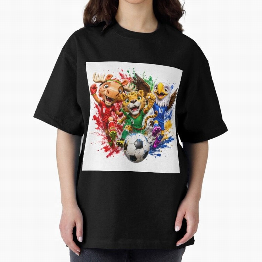 World Football Mascots ¨C Ultimate Soccer Fan Cartoon Design Oversized T-Shirt Fuel FIFA World Cup 2026 USA Canada Mexico for Fans of Cristiano Ronaldo, Haaland and CR7 and Argentina, Bringing Football Festival Excitement, Trophy Ambitions, Country