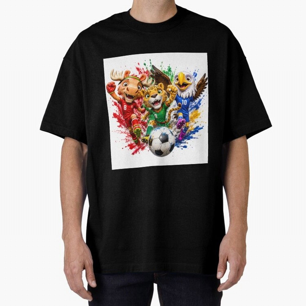 World Football Mascots ¨C Ultimate Soccer Fan Cartoon Design Oversized T-Shirt Fuel FIFA World Cup 2026 USA Canada Mexico for Fans of Cristiano Ronaldo, Haaland and CR7 and Argentina, Bringing Football Festival Excitement, Trophy Ambitions, Country