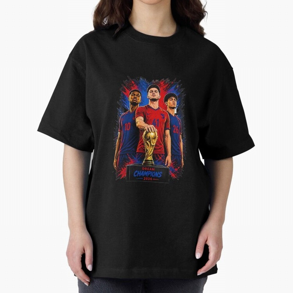 Dream Champions 2026 Football Streetwear Design | Trophy Graphic Tee Oversized T-Shirt Honor Match Day Hype around FIFA World Cup 2026 Group Stage, Haaland and Mbappe, England and Germany, Global Supporter Spirit, Legendary Goals, National Colors