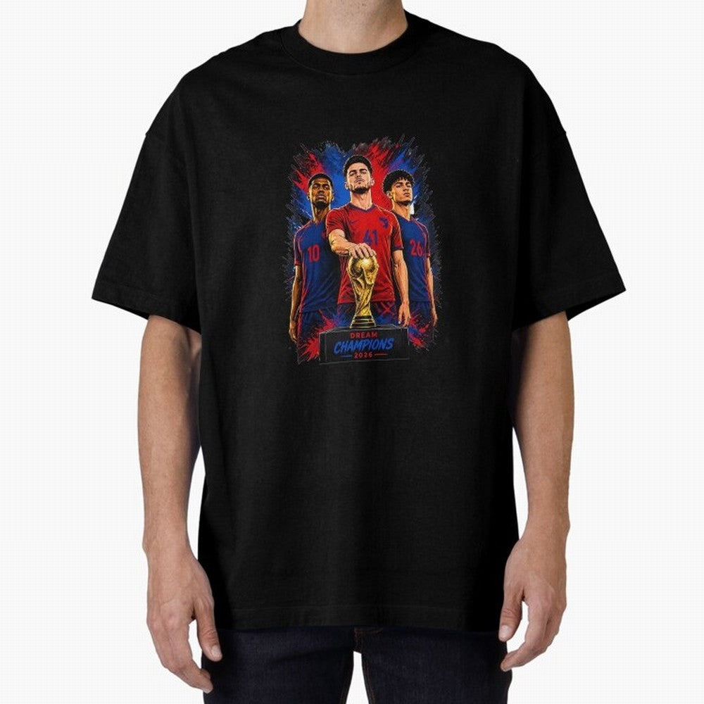 Dream Champions 2026 Football Streetwear Design | Trophy Graphic Tee Oversized T-Shirt Honor Match Day Hype around FIFA World Cup 2026 Group Stage, Haaland and Mbappe, England and Germany, Global Supporter Spirit, Legendary Goals, National Colors