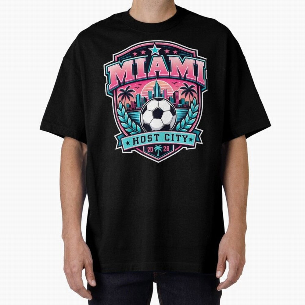 Miami 2026 Host City Emblem Soccer Football Events Oversized T-Shirt Cheer for FIFA World Cup 2026 Group Stage for Fans of Haaland and Brazil, Portugal and Argentina, Bringing Football History, Final Match Energy, Crowd Noise and Once in a Lifetime