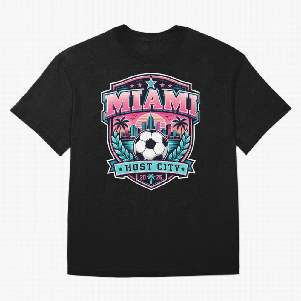 Miami 2026 Host City Emblem Soccer Football Events Oversized T-Shirt Cheer for FIFA World Cup 2026 Group Stage for Fans of Haaland and Brazil, Portugal and Argentina, Bringing Football History, Final Match Energy, Crowd Noise and Once in a Lifetime