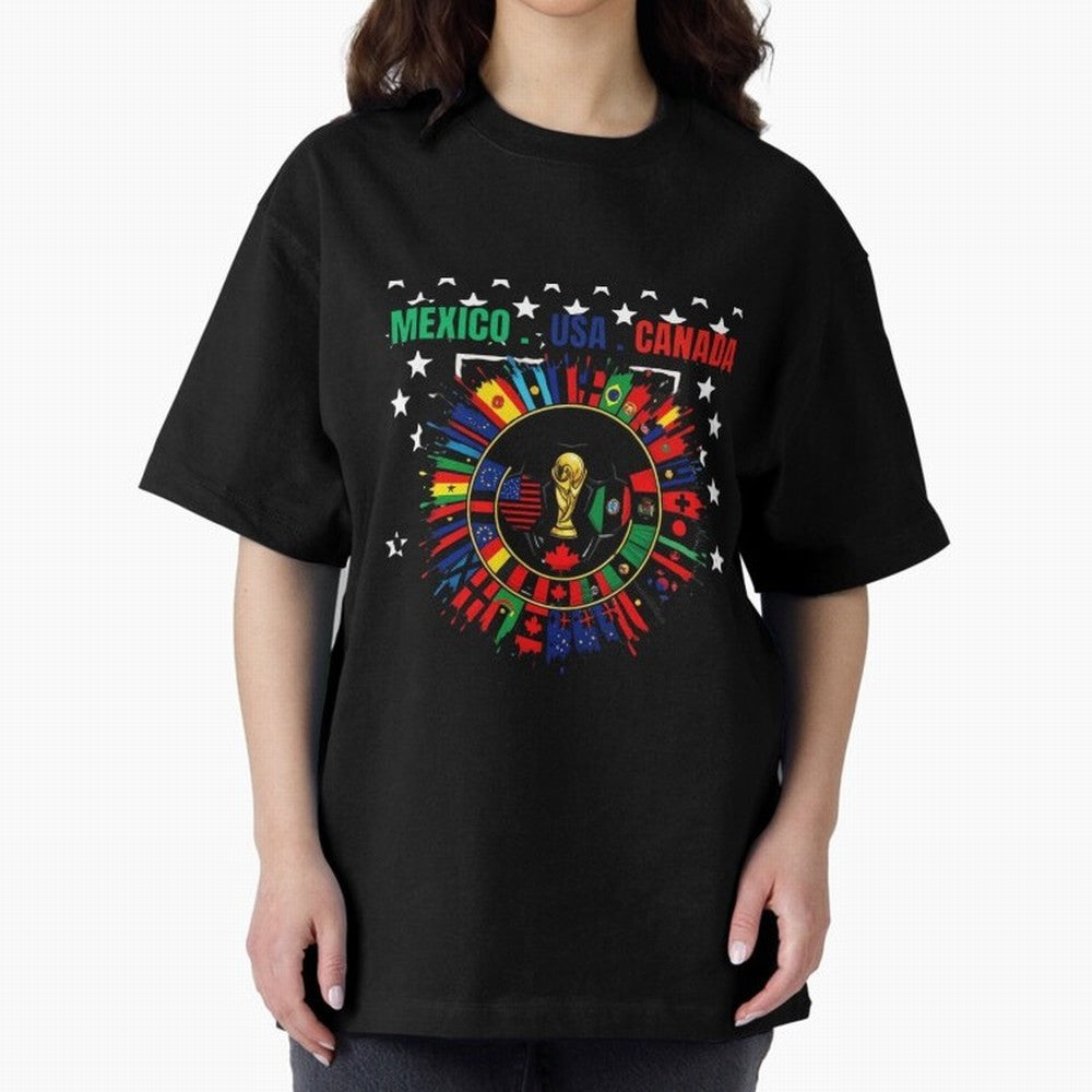 Multinational Nations Flags Badge Oversized T-Shirt Show Fan Pride Across Match Day Hype around FIFA World Cup 2026 USA Canada Mexico, Messi and Cristiano Ronaldo, Spain and Netherlands, Sports Nostalgia, International Competition, Famous Players