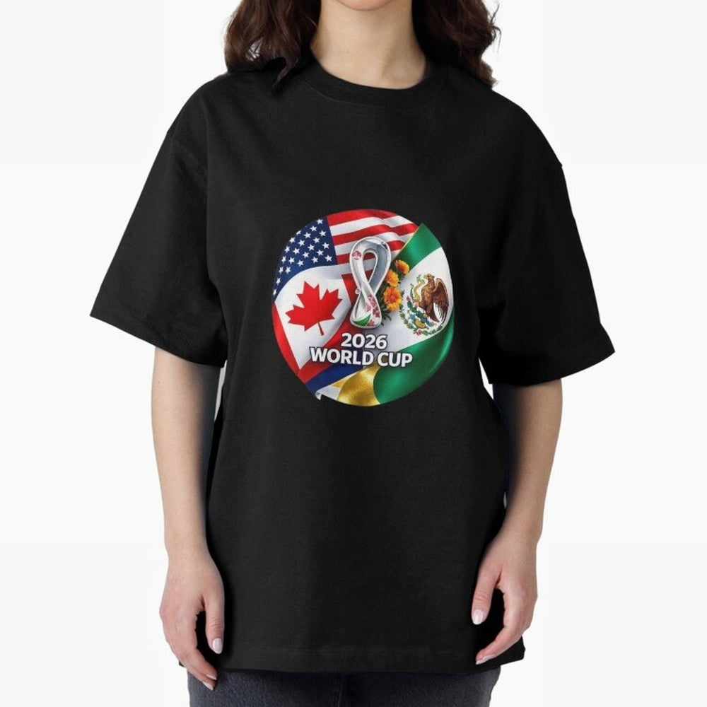 Host Trio Flags Circular Emblem Oversized T-Shirt Bring Stadium Energy to FIFA World Cup 2026 Group Stage Capturing Haaland, England Energy, Game Day Rituals, Football Legends, Country Pride and the Road to the Final; Ideal for Passionate Fans Who