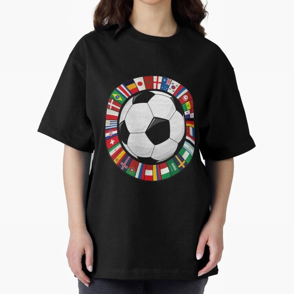 Global Nations Football Circle Art Oversized T-Shirt Mark FIFA World Cup 2026 Group Stage Driven by Neymar, Haaland and Cristiano Ronaldo, Portugal Energy, Champion Mindset, Group Stage Buzz, Knockout Tension and Passionate Fan Culture; Created for