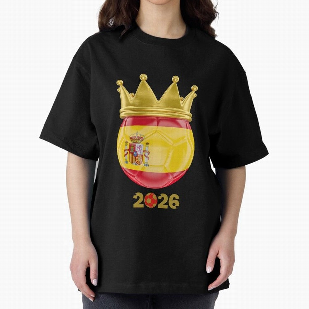 Spain Football Champion Crown 2026 Oversized T-Shirt Make Memories around FIFA World Cup 2026 USA Canada Mexico Centered on Haaland and Mbappe, England Energy, Football Festival Excitement, Trophy Ambitions, Country Rivalries and Star Player Buzz;