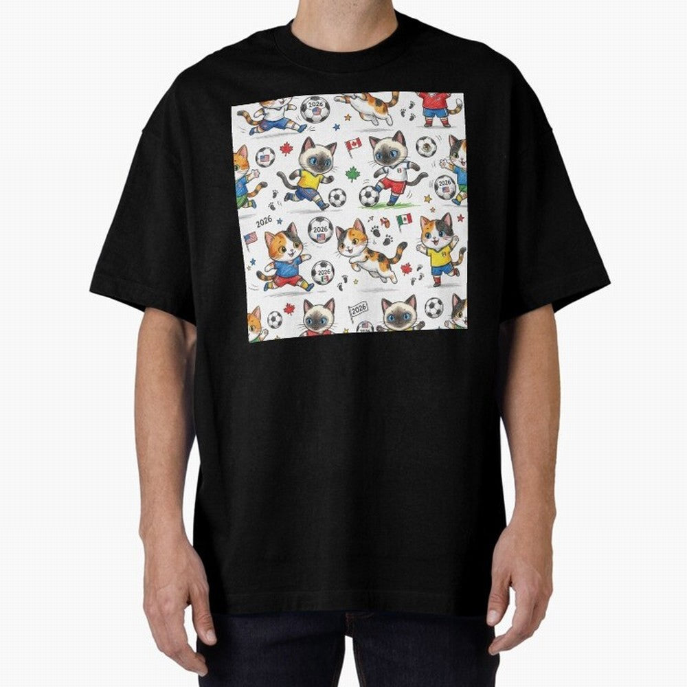 Chibi Soccer Cats 2026 - Cute Football Kittens Pattern Oversized T-Shirt Bring a Champion Mindset to FIFA World Cup 2026 USA Canada Mexico Highlighting Neymar, Haaland and Cristiano Ronaldo, Spain and Netherlands Energy, Fan Favorite Moments,