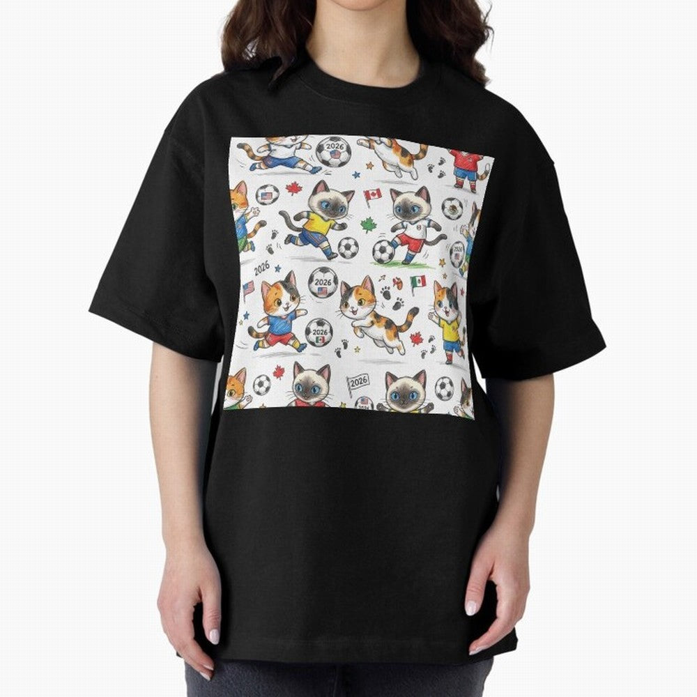 Chibi Soccer Cats 2026 - Cute Football Kittens Pattern Oversized T-Shirt Bring a Champion Mindset to FIFA World Cup 2026 USA Canada Mexico Highlighting Neymar, Haaland and Cristiano Ronaldo, Spain and Netherlands Energy, Fan Favorite Moments,