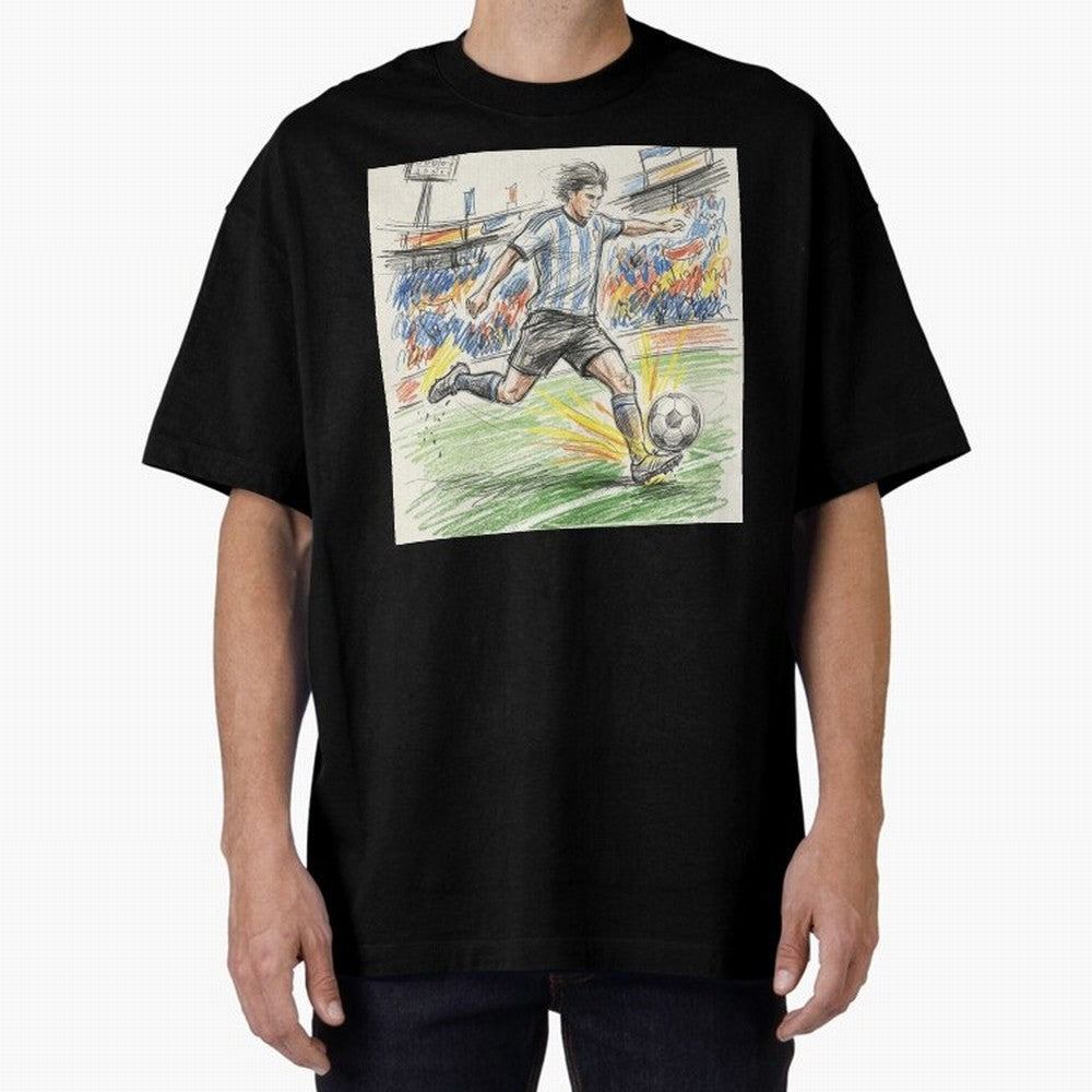 Dynamic Soccer Power Kick - Blue & White Jersey Style Oversized T-Shirt Treasure Global Football Passion for FIFA World Cup 2026 USA Canada Mexico, with CR7, Portugal, Spain and Germany, Supporter Pride, Iconic Celebrations, Legendary Names and