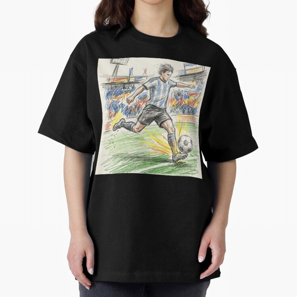 Dynamic Soccer Power Kick - Blue & White Jersey Style Oversized T-Shirt Treasure Global Football Passion for FIFA World Cup 2026 USA Canada Mexico, with CR7, Portugal, Spain and Germany, Supporter Pride, Iconic Celebrations, Legendary Names and