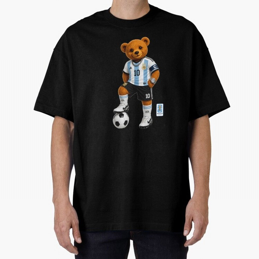 Argentina Soccer Bear World Cup Teddy Bear Oversized T-Shirt Honor Football Greatness during Global Football Passion for FIFA World Cup 2026 Group Stage, Capturing Haaland, Brazil, Sports Nostalgia, International Competition, Famous Players and