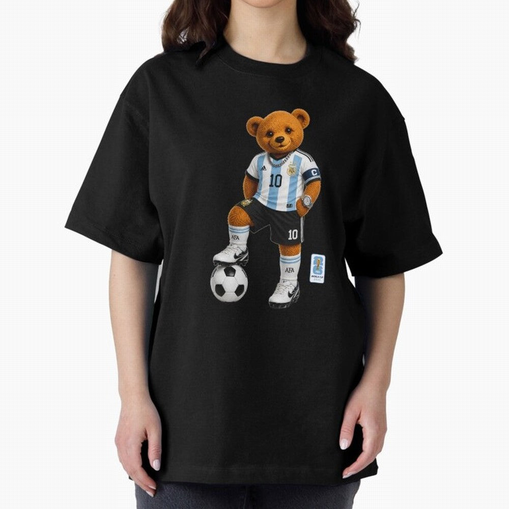 Argentina Soccer Bear World Cup Teddy Bear Oversized T-Shirt Honor Football Greatness during Global Football Passion for FIFA World Cup 2026 Group Stage, Capturing Haaland, Brazil, Sports Nostalgia, International Competition, Famous Players and