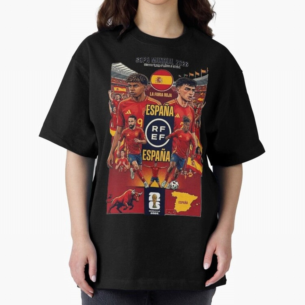 Spain 2026 ¨C La Furia Roja World Cup Poster Oversized T-Shirt Show Match Day Excitement for Global Football Passion for FIFA World Cup 2026, Highlighting Messi, Germany, Goal Celebration Energy, Supporter Heritage, Football Icons and Worldwide