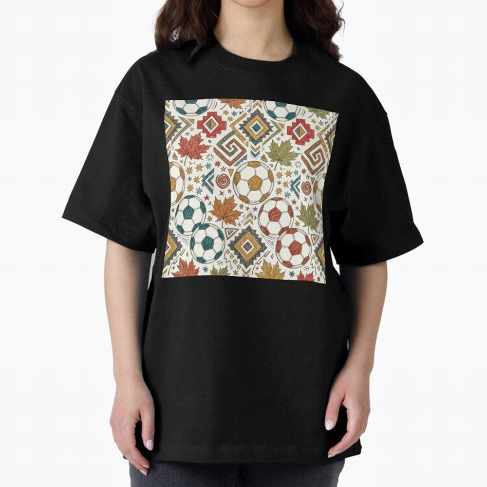 2026 World Cup Unity: Aztec & Maple Soccer Pattern Oversized T-Shirt Bring Stadium Energy to FIFA World Cup 2026 USA Canada Mexico Spirit, Highlighting Germany, Messi, Neymar and Mbappe, Stadium Memories, Football Loyalty, International Chants and