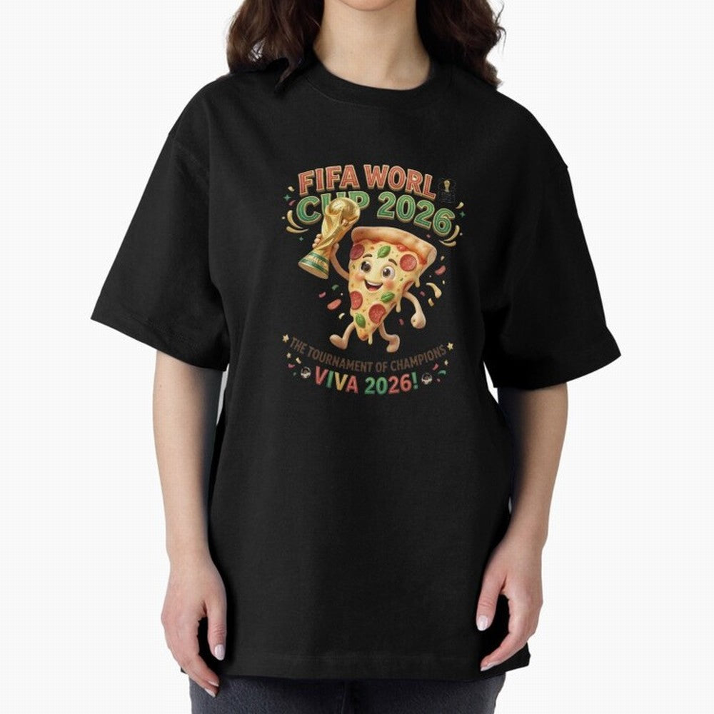 Happy Pizza Character Holding World Cup 2026 Trophy Oversized T-Shirt Step into Match Day Hype around FIFA World Cup 2026 Group Stage, Messi, CR7 and Mbappe, England, France and Netherlands, Stadium Memories, Football Loyalty, International Chants