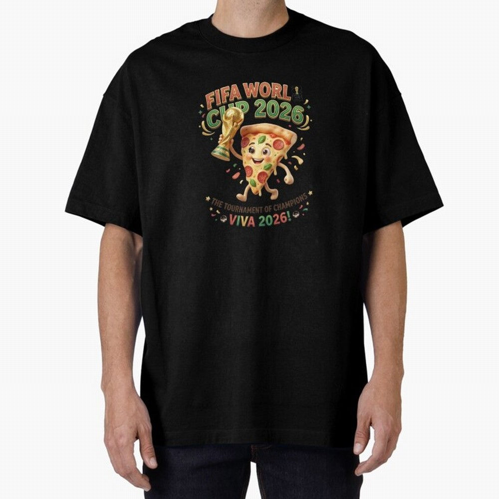 Happy Pizza Character Holding World Cup 2026 Trophy Oversized T-Shirt Step into Match Day Hype around FIFA World Cup 2026 Group Stage, Messi, CR7 and Mbappe, England, France and Netherlands, Stadium Memories, Football Loyalty, International Chants