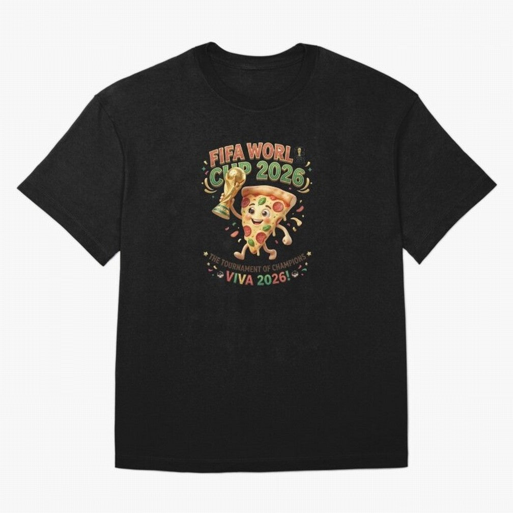 Happy Pizza Character Holding World Cup 2026 Trophy Oversized T-Shirt Step into Match Day Hype around FIFA World Cup 2026 Group Stage, Messi, CR7 and Mbappe, England, France and Netherlands, Stadium Memories, Football Loyalty, International Chants
