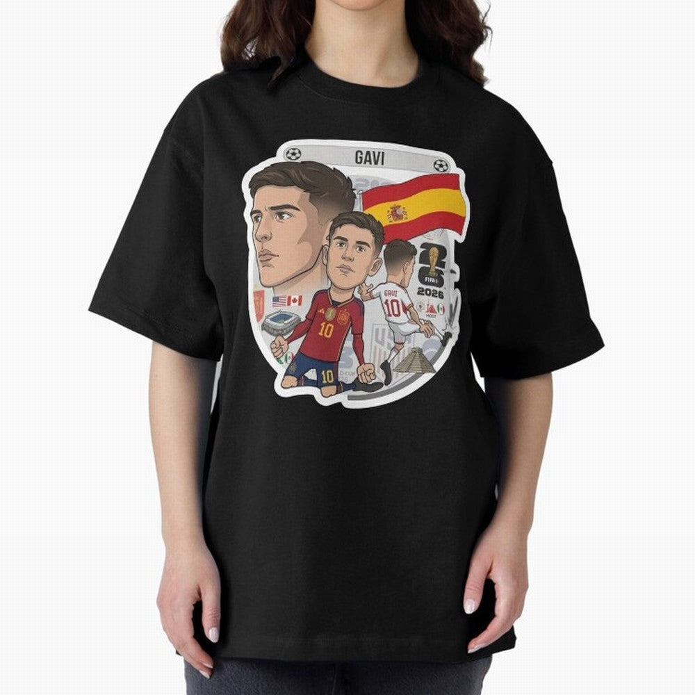 Gavi Spain National Team Football Cartoon Illustration Oversized T-Shirt Show Love for Legendary Goals in Match Day Hype around FIFA World Cup 2026 Group Stage, Messi and Cristiano Ronaldo, England, France and Netherlands, Sports Nostalgia,