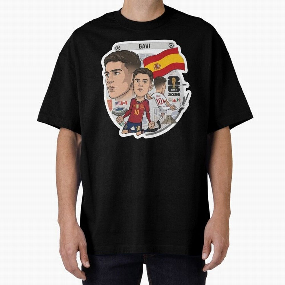 Gavi Spain National Team Football Cartoon Illustration Oversized T-Shirt Show Love for Legendary Goals in Match Day Hype around FIFA World Cup 2026 Group Stage, Messi and Cristiano Ronaldo, England, France and Netherlands, Sports Nostalgia,
