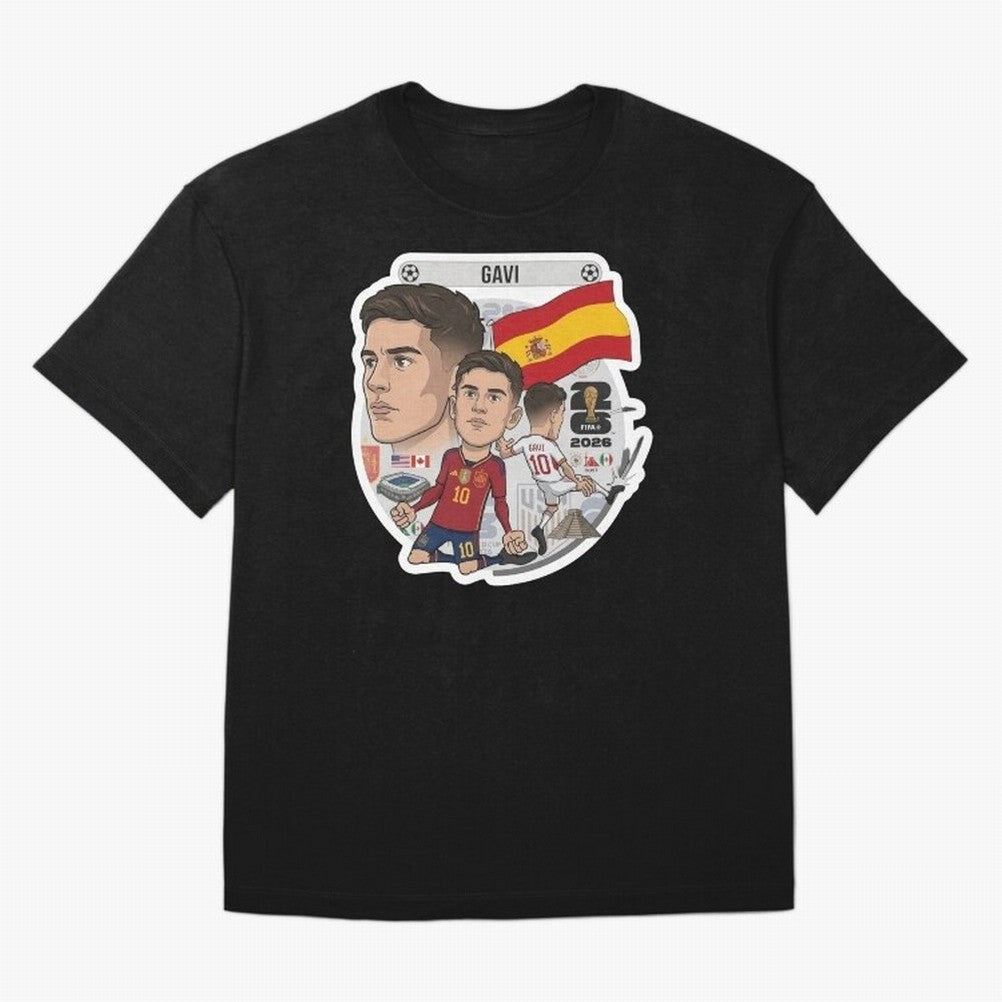 Gavi Spain National Team Football Cartoon Illustration Oversized T-Shirt Show Love for Legendary Goals in Match Day Hype around FIFA World Cup 2026 Group Stage, Messi and Cristiano Ronaldo, England, France and Netherlands, Sports Nostalgia,
