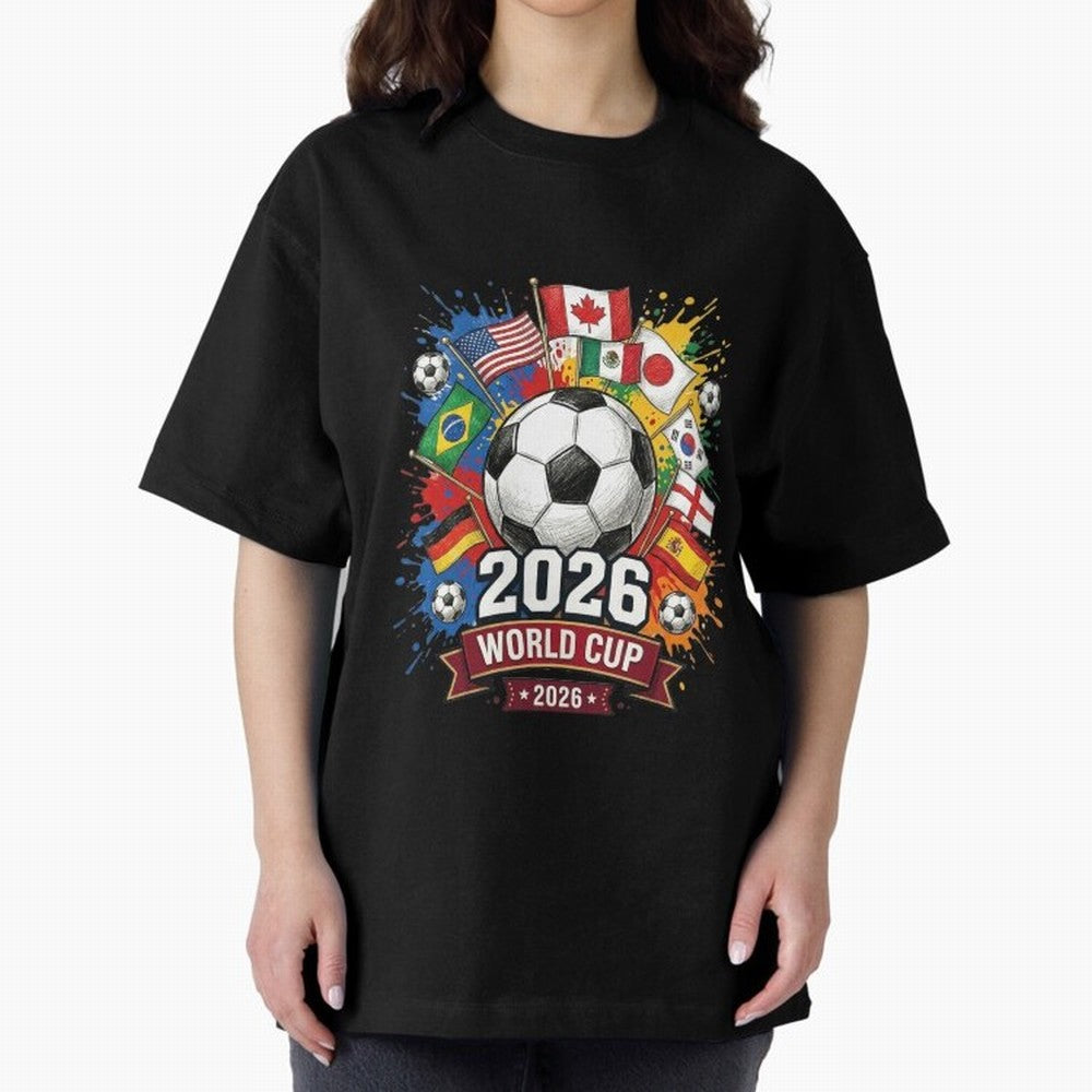 2026 World Cup Soccer Flags Graphic Oversized T-Shirt Show Love for Legendary Goals in Match Day Hype around FIFA World Cup 2026, Mbappe, England, Sports Nostalgia, International Competition, Famous Players and Unforgettable Victories; Perfect for