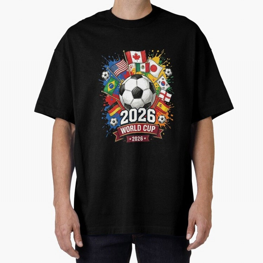 2026 World Cup Soccer Flags Graphic Oversized T-Shirt Show Love for Legendary Goals in Match Day Hype around FIFA World Cup 2026, Mbappe, England, Sports Nostalgia, International Competition, Famous Players and Unforgettable Victories; Perfect for